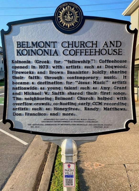 Belmont Church and Koinonia Coffeehouse / Contemporary Christian Music Marker image. Click for full size.