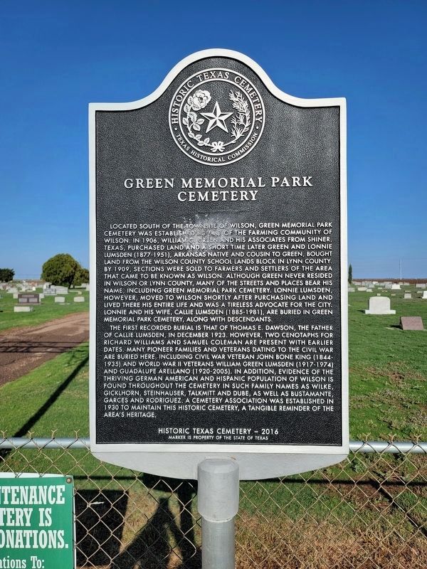 Green Memorial Park Cemetery Marker image. Click for full size.