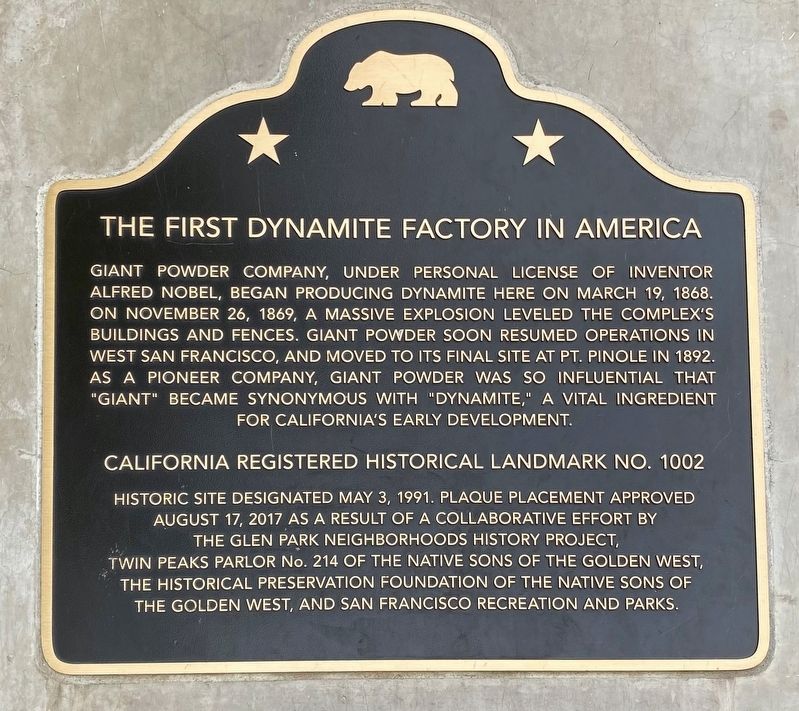 The First Dynamite Factory in America Marker image. Click for full size.