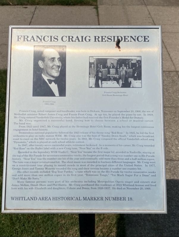 Francis Craig Residence Marker image. Click for full size.