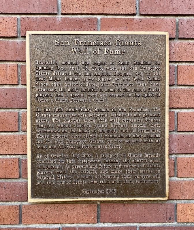 San Francisco Giants Wall of Fame Marker image. Click for full size.