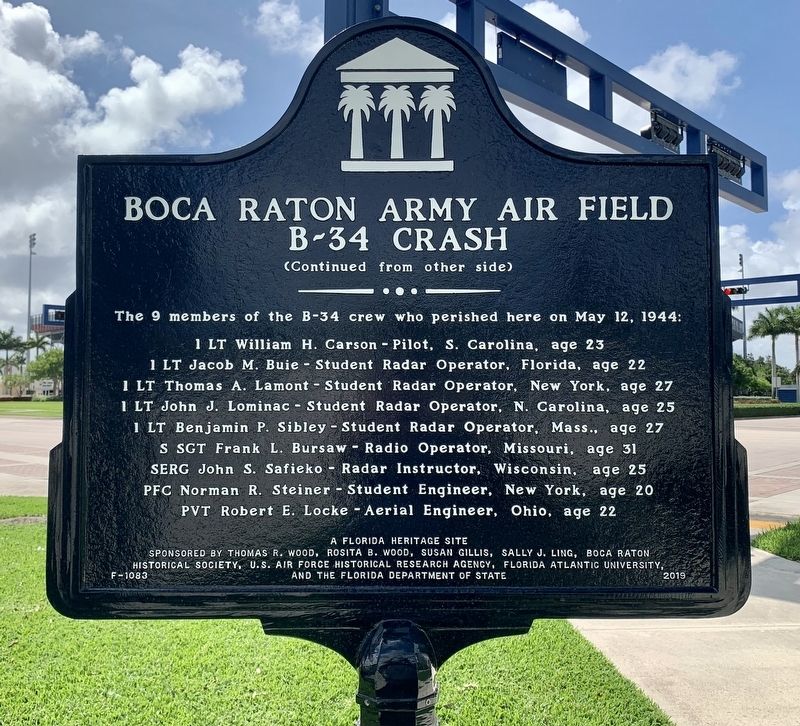 Boca Raton Army Air Field B-34 Crash Marker image. Click for full size.