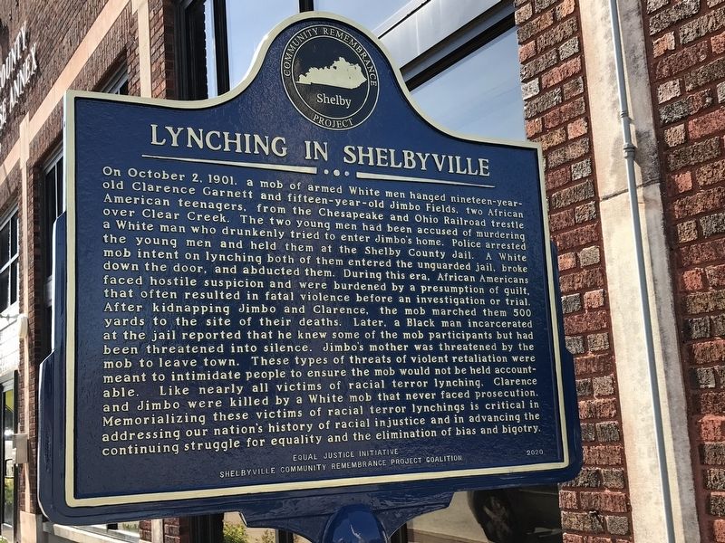 Lynching in Shelbyville Marker (Side B) image. Click for full size.