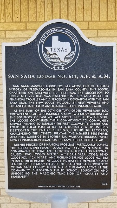 San Saba Lodge No. 612, A.F. & A.M. Marker image. Click for full size.