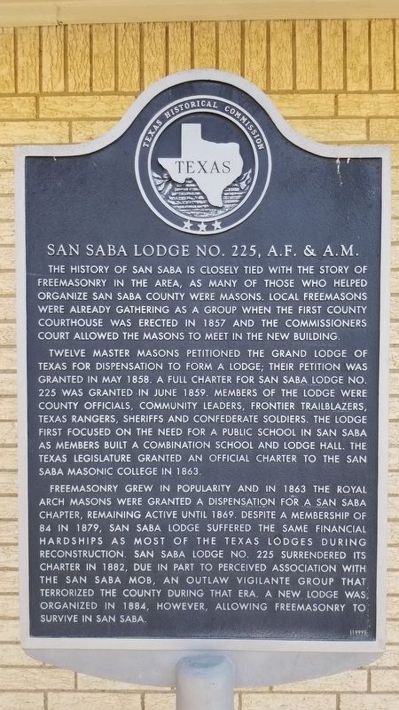 San Saba Lodge No. 225, A.F. & A.M Marker image. Click for full size.