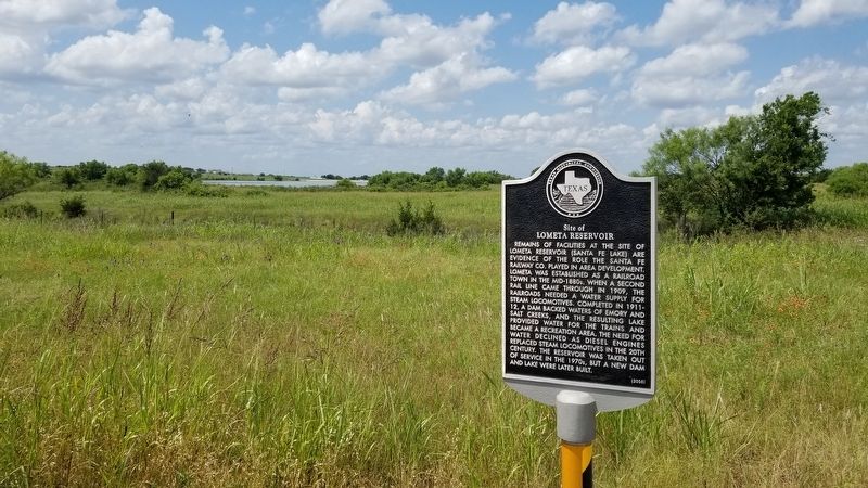 Site of Lometa Reservoir Marker with new reservoir in background image. Click for full size.