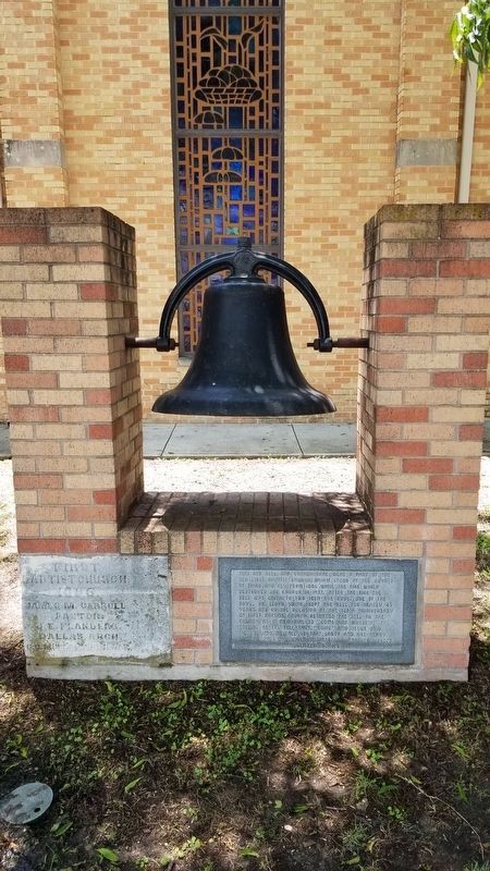 The Old Bell and cornerstone of First Baptist Church image. Click for full size.