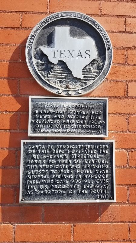 The Santa Fe Depot Marker with the Mule-Drawn Streetcar marker below image. Click for full size.
