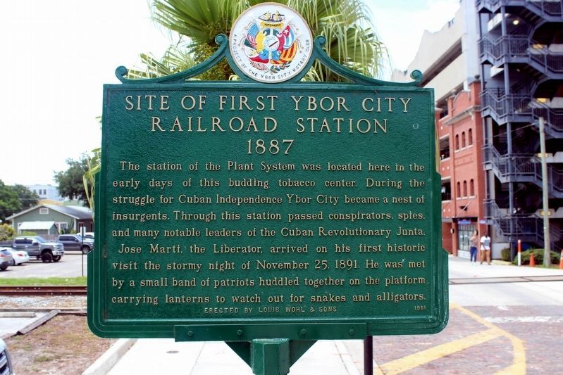 Site of First Ybor City Railroad Station Marker after restoration. Click for full size. Site of First Ybor City Railroad Station Marker after restoration image. Click for full size.