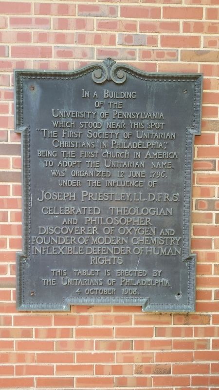The First Society of Unitarian Christians in Philadelphia Marker image. Click for full size.