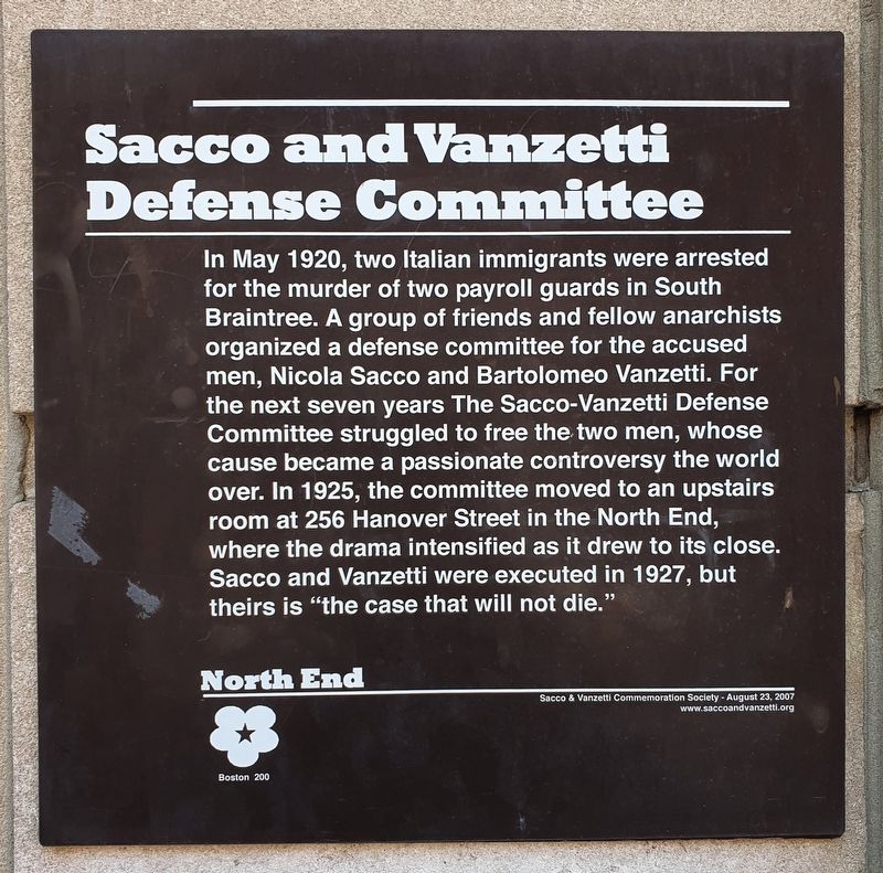 Sacco and Vanzetti Defense Committee Marker image. Click for full size.