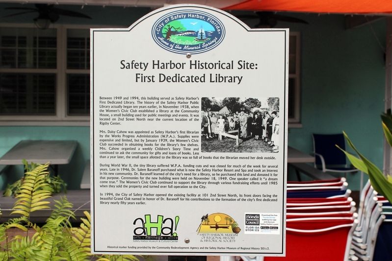 Safety Harbor Historical Site: First Dedicated Library Marker image. Click for full size.