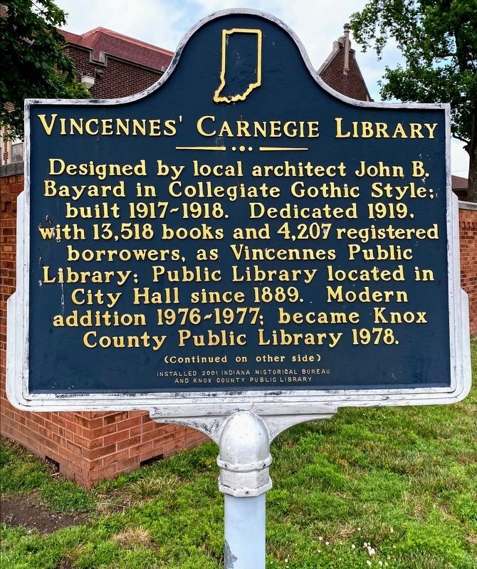 Vincennes' Carnegie Library Marker image. Click for full size.