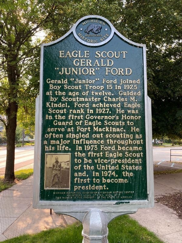 Eagle Scout Gerald "Junior" Ford side of the marker image. Click for full size.
