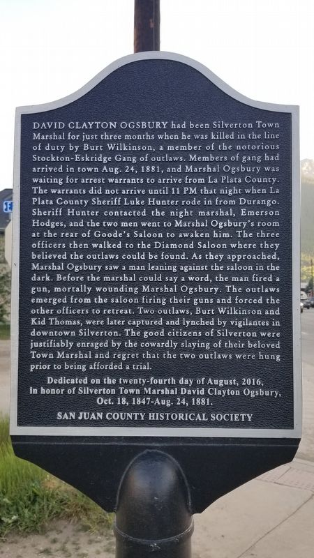 Reverse side - The Slaying of Town Marshal Clate Ogsbury Marker image. Click for full size.