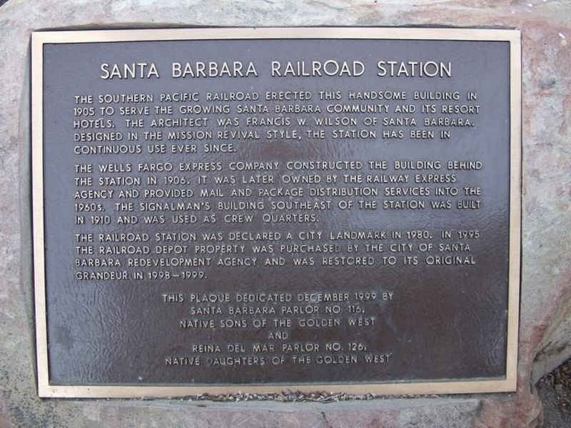 Santa Barbara Railroad Station Marker image. Click for full size.