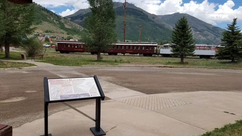 The Silverton's Railroads Marker in front of the Durango & Silverton Narrow Gauge Railroad image. Click for full size.
