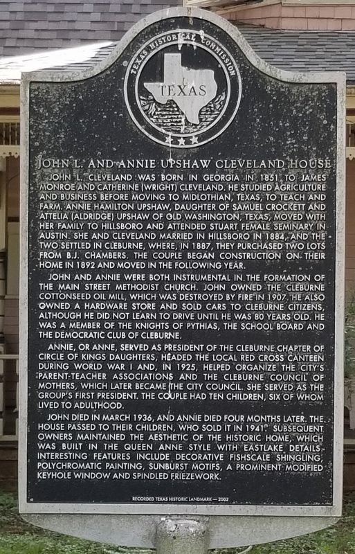 John L. and Annie Upshaw Cleveland House Marker image. Click for full size.