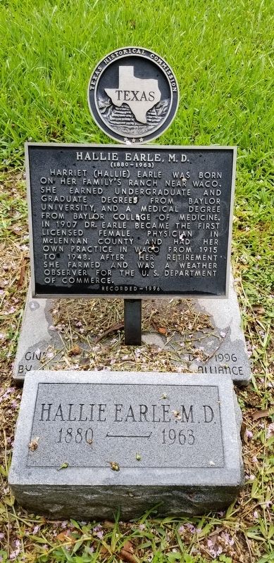 Hallie Earle, M.D. Marker and Gravestone image. Click for full size.