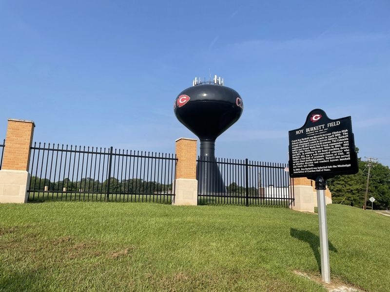Roy Burkett Field, marker, & water tower. image. Click for full size.