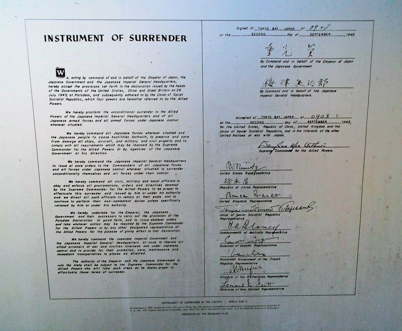 The Freedom Shrine Japanese Surrender Marker. Click for full size. The Freedom Shrine Japanese Surrender Marker image. Click for full size.