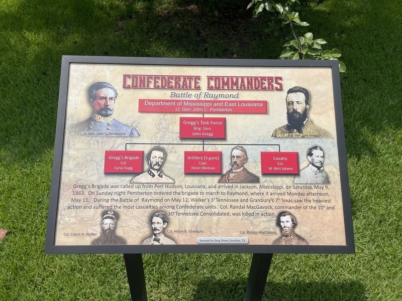 A nearby marker outlining the Confederate Commanders in the Battle of Raymond.. Click for full size. A nearby marker outlining the Confederate Commanders in the Battle of Raymond. image. Click for full size.
