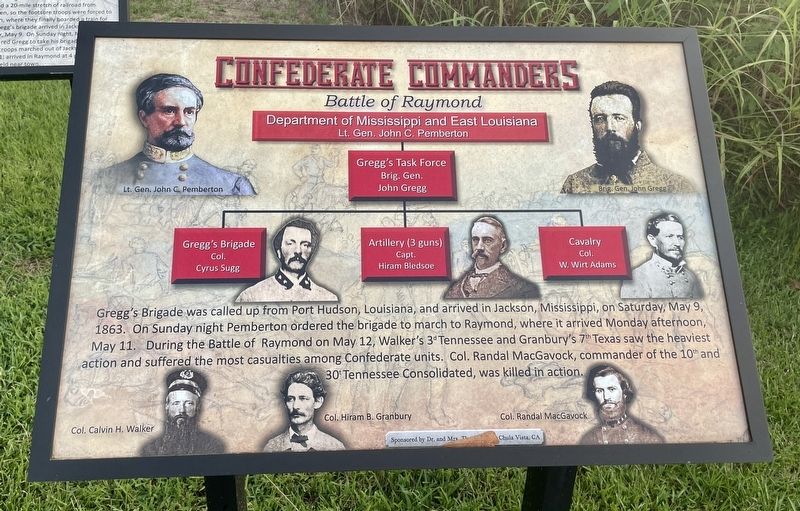 Nearby marker outlining the Confederate Commanders in the Battle of Raymond.. Click for full size. Nearby marker outlining the Confederate Commanders in the Battle of Raymond. image. Click for full size.
