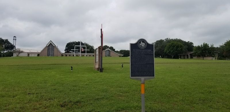 The view of the marker in front of the First Methodist Church of Shiner image. Click for full size.