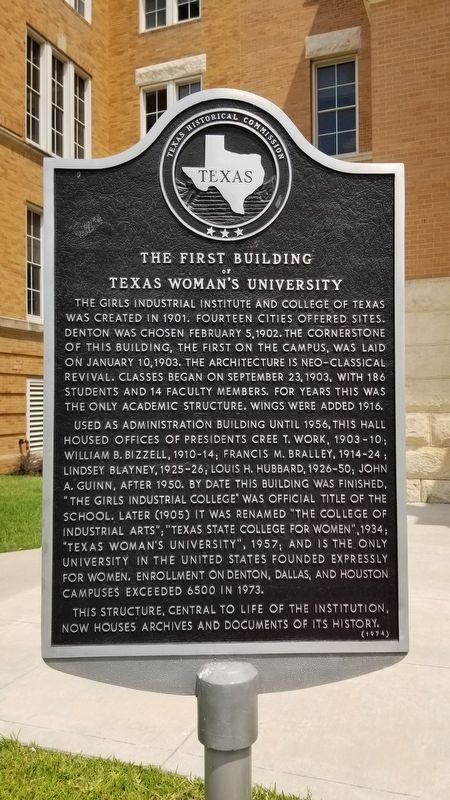 The First Building of Texas Woman's University Marker image. Click for full size.