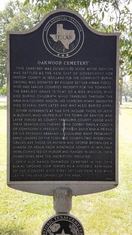 Oakwood Cemetery Marker. Click for full size. Oakwood Cemetery Marker image. Click for full size.