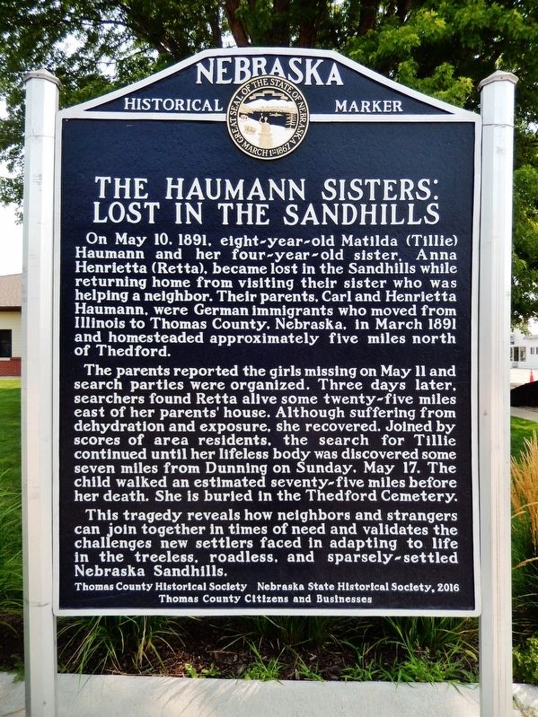 The Haumann Sisters: Lost in the Sandhills Marker image. Click for full size.