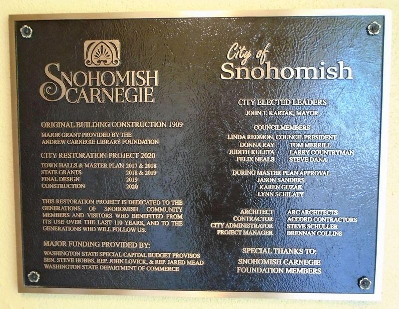 Snohomish Public Library Restoration Marker. Click for full size. Snohomish Public Library Restoration Marker image. Click for full size.