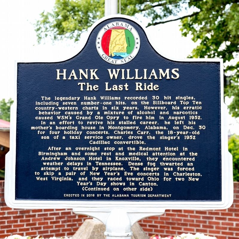 Hank Williams Last Ride Marker, side one image. Click for full size.