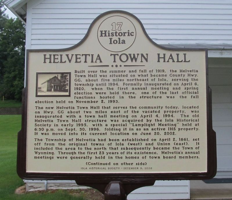 Helvetia Town Hall Marker image. Click for full size.