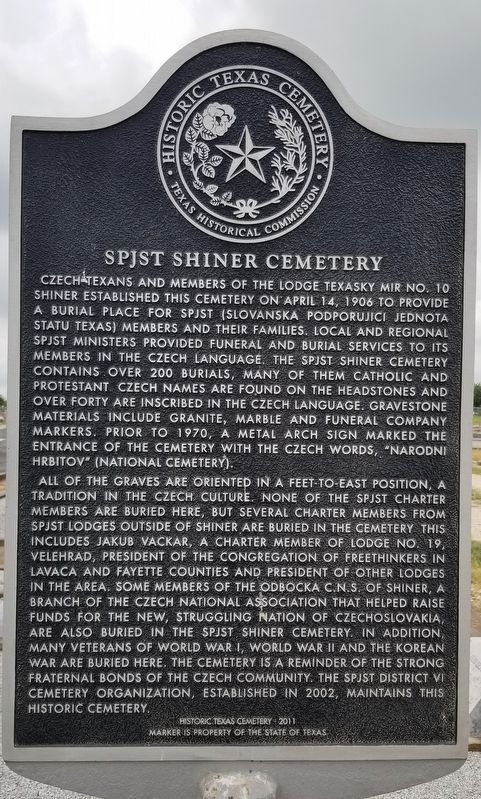 SPJST Shiner Cemetery Marker. Click for full size. SPJST Shiner Cemetery Marker image. Click for full size.