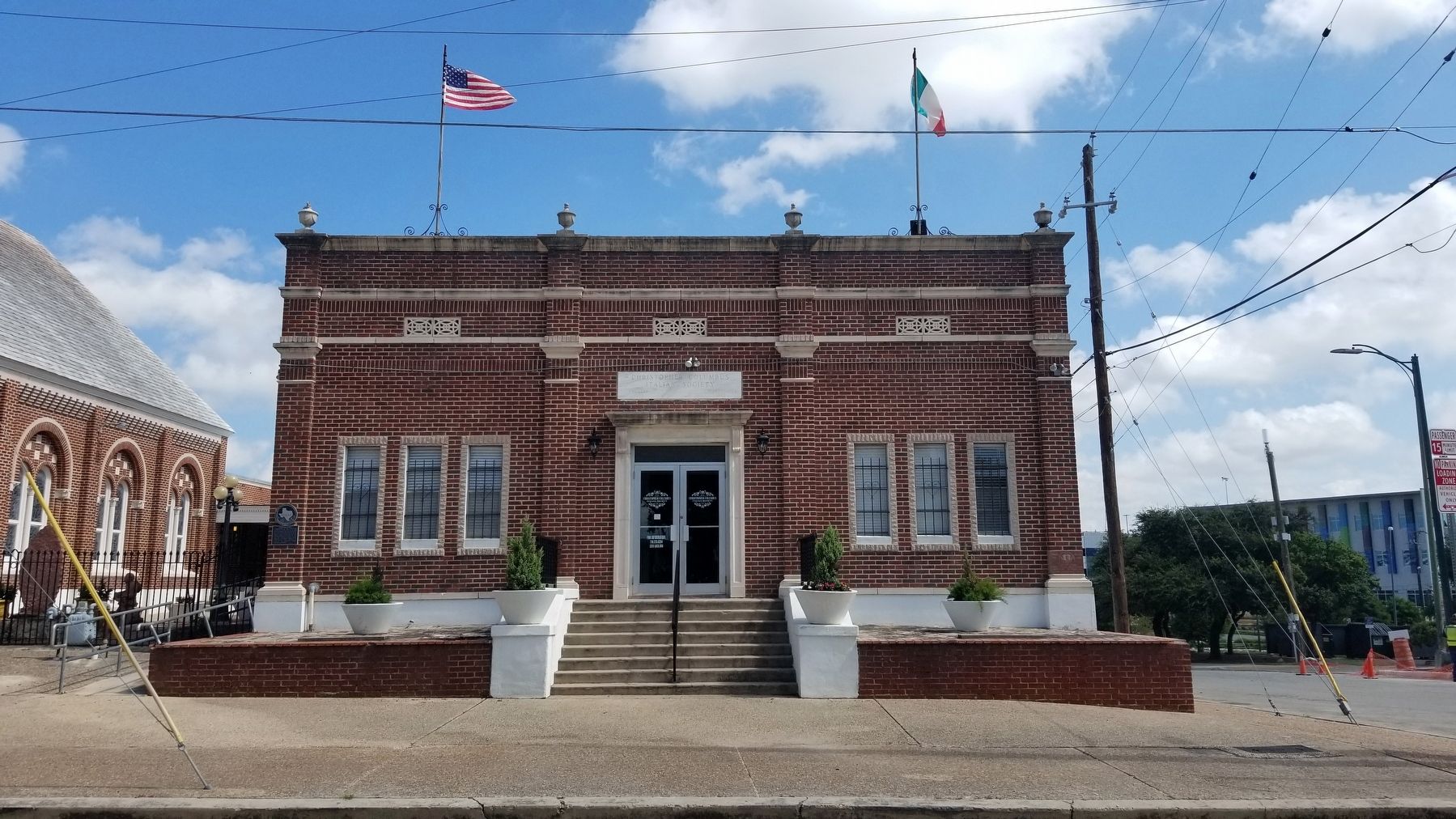 The view of the Christopher Columbus Italian Society Hall and Marker from the street image. Click for full size.