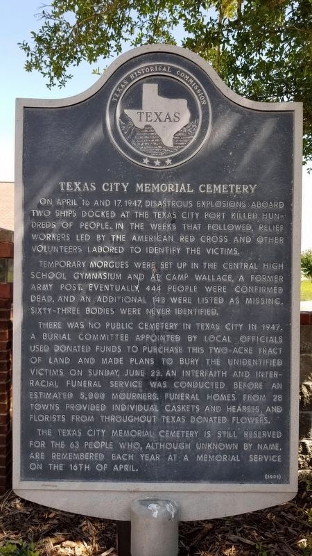 Texas City Memorial Cemetery Marker. Click for full size. Texas City Memorial Cemetery Marker image. Click for full size.