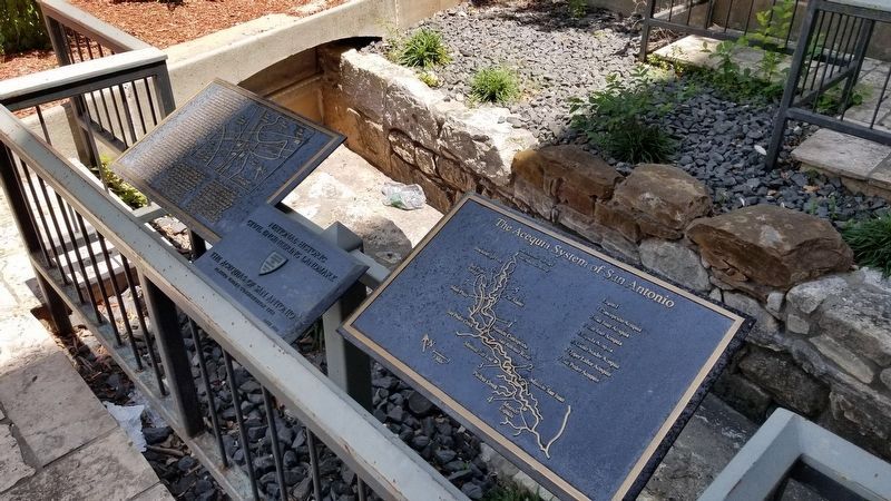 All three markers together in front of an old portion of the Acequias of San Antonio image. Click for full size.