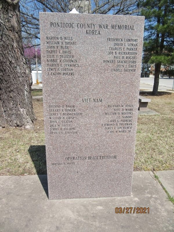 Pontotoc County War Memorial Korea, Vietnam and Operation Iraqi Freedom image. Click for full size.