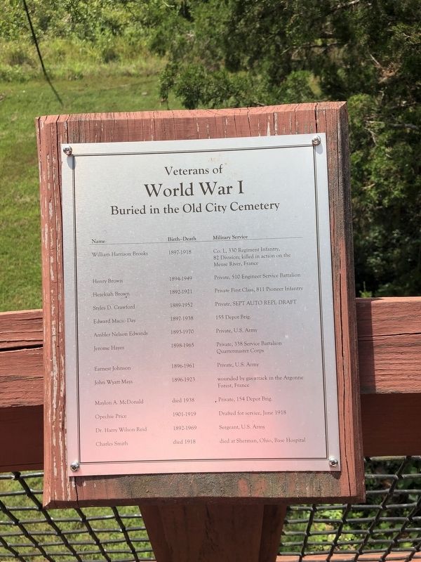 Veterans of World War I Buried in the Old City Cemetery Marker. Click for full size. Veterans of World War I Buried in the Old City Cemetery Marker image. Click for full size.