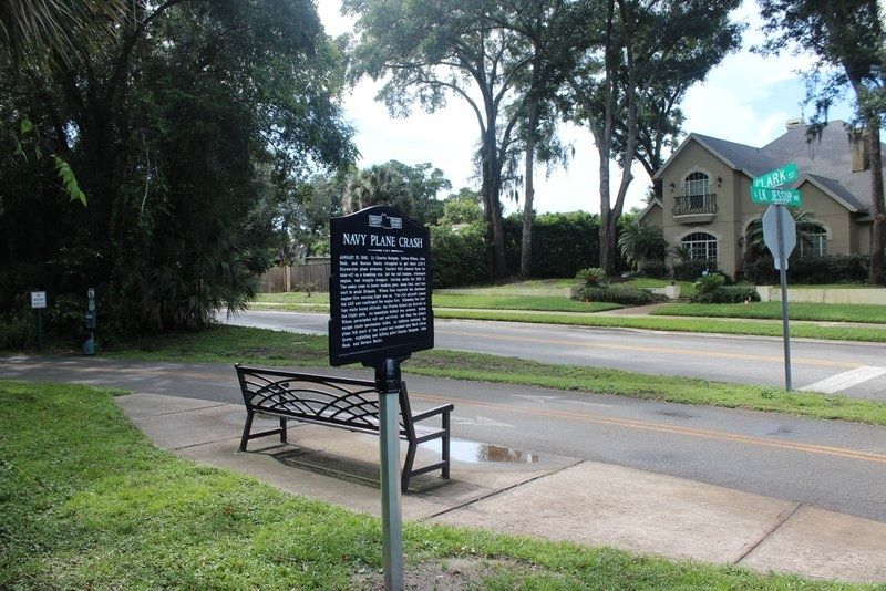 Navy Plane Crash/Jim Jones: An Eyewitness Marker looking west Clark Street and Cross Seminole Trail. Click for full size. Navy Plane Crash/Jim Jones: An Eyewitness Marker looking west Clark Street and Cross Seminole Trail image. Click for full size.