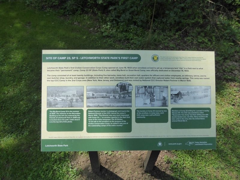 Site of Camp 23, Sp 5 - Letchworth State Park's first camp Marker image. Click for full size.