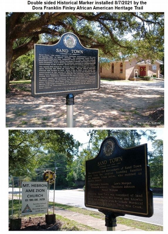 Sand Town marker perspective composite with view of road and church image. Click for more information.