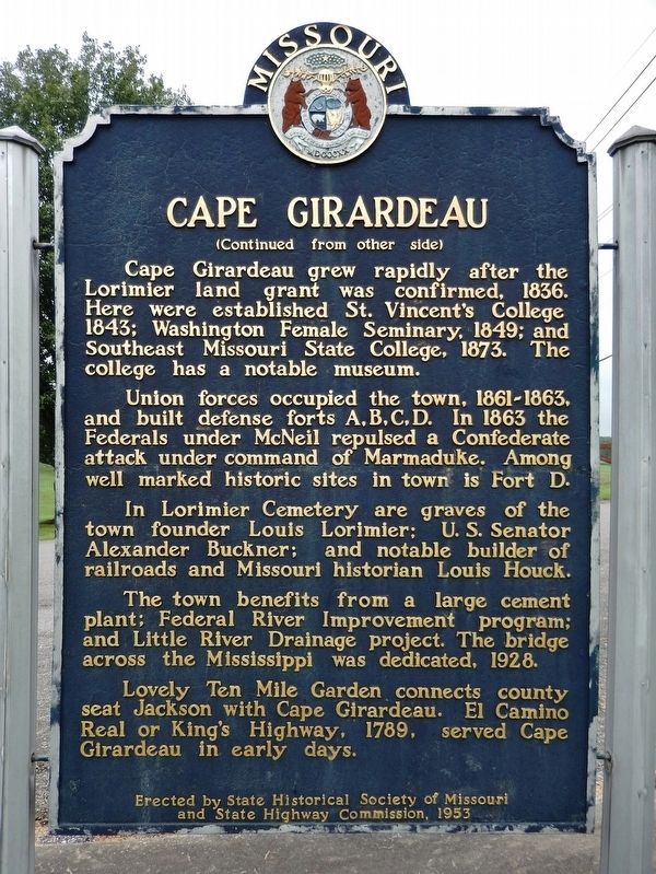 Cape Girardeau Marker (<i>side 2</i>) image. Click for full size.