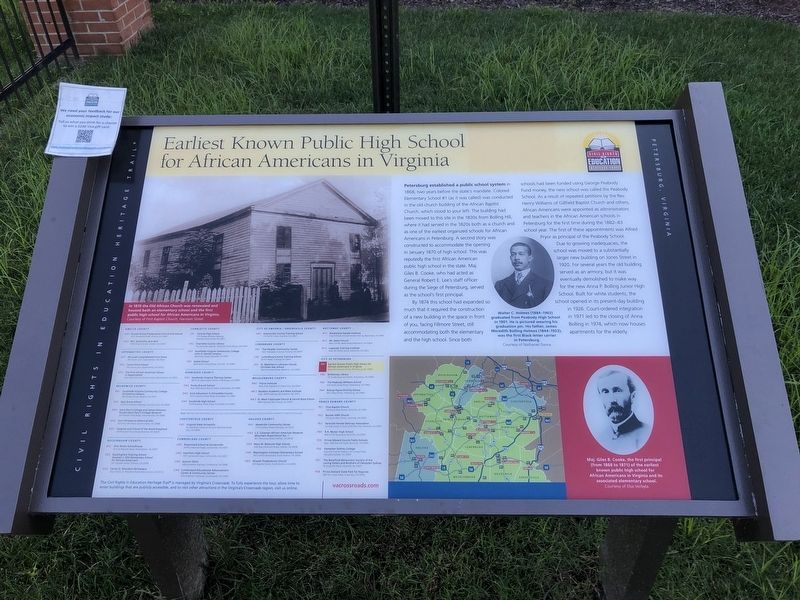 Earliest Known Public High School for African Americans in Virginia Marker image. Click for full size.