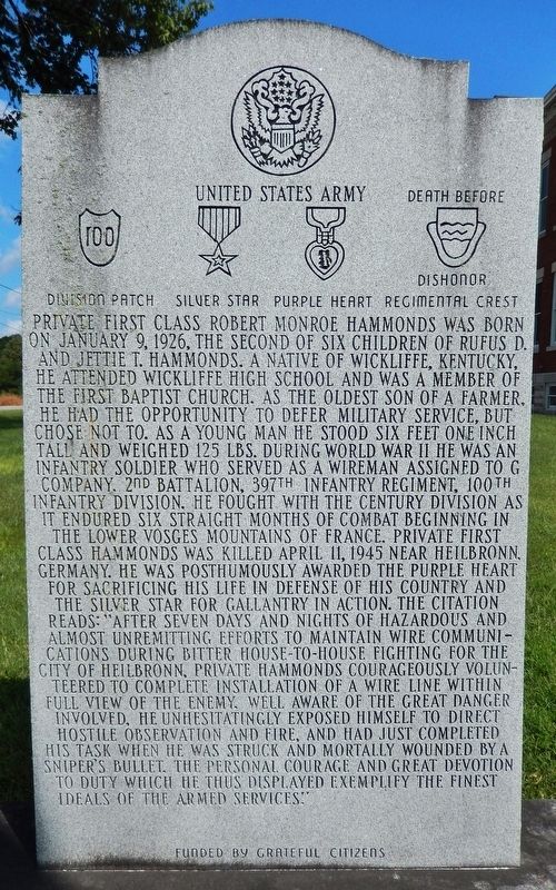 Private First Class Robert Monroe Hammonds Marker. Click for full size. Private First Class Robert Monroe Hammonds Marker image. Click for full size.