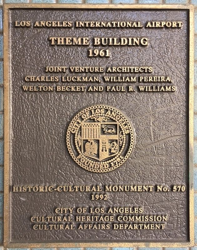 Marker on the Theme Building image. Click for full size.