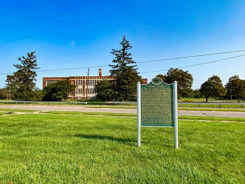 Civic Park Marker in front of abandoned Civic Park School.. Click for full size. Civic Park Marker in front of abandoned Civic Park School. image. Click for full size.