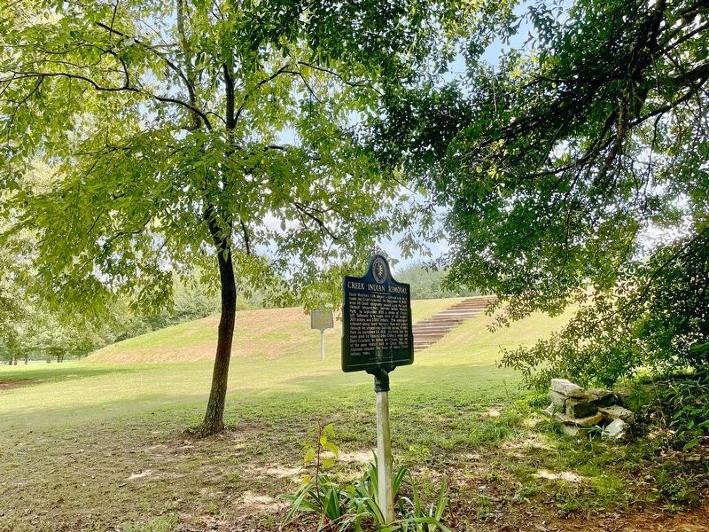View of Creek Indian Removal Marker towards Indian mound. image. Click for full size.