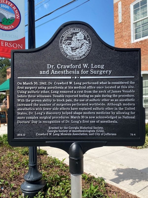 Dr. Crawford W. Long and Anesthesia for Surgery Marker image. Click for full size.